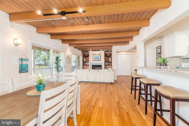 Dining room, Fireplace, Interior, Living room, Wooden Beams, Wooden Ceilings, Wood Texture Flooring