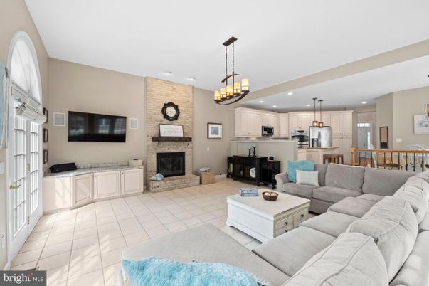 Fireplace, Interior, Kitchen, Living room, Pendant Lights, Recessed Lighting, Stone Walls