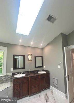 Bathroom, Dual Sink Vanities, Interior, Marble, Recessed Lighting