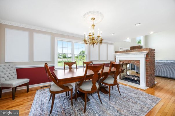 Chandelier, Dining room, Fireplace, Interior, Recessed Lighting, Wood Texture Flooring
