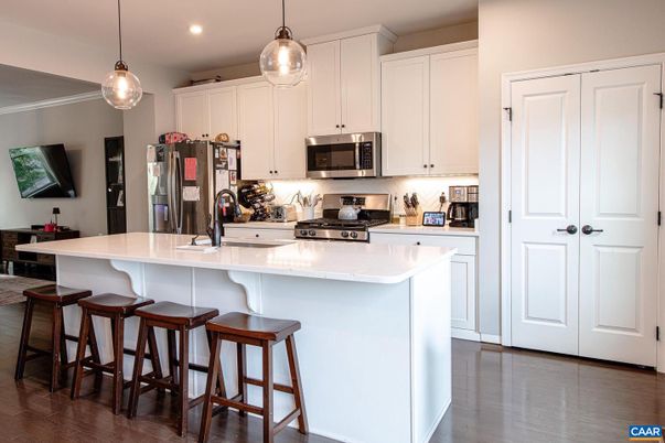 Interior, Kitchen, Pendant Lights, Recessed Lighting, Wood Texture Flooring
