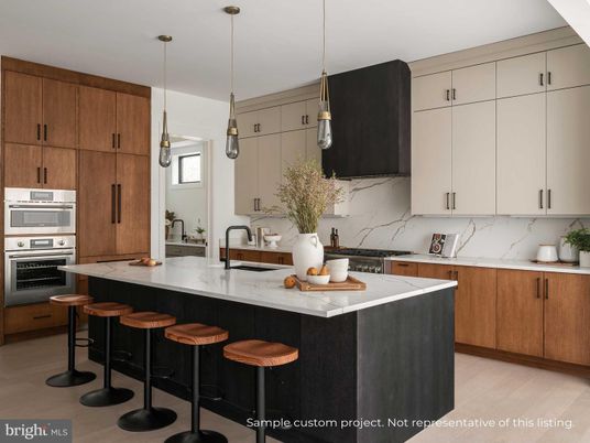 Interior, Kitchen, Marble Walls, Pendant Lights, Stainless Steel Appliances, Wood Texture Flooring