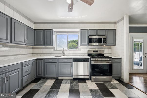 Interior, Kitchen, Marble, Stainless Steel Appliances, Wood Texture Flooring