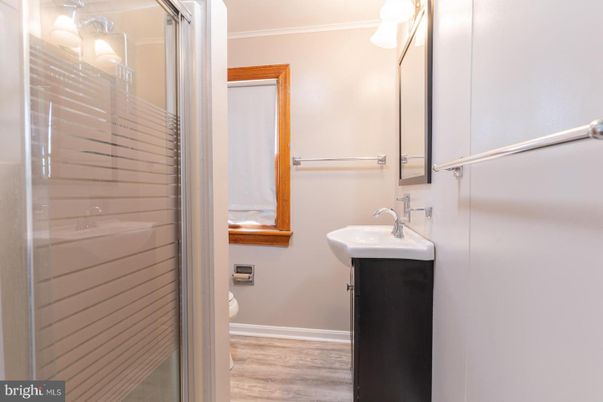 Bathroom, Glass Shower, Interior, Wood Texture Flooring