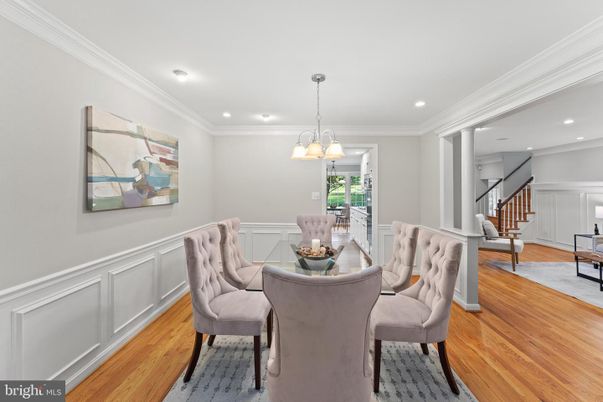 Dining room, Interior, Pendant Lights, Recessed Lighting, Wood Texture Flooring