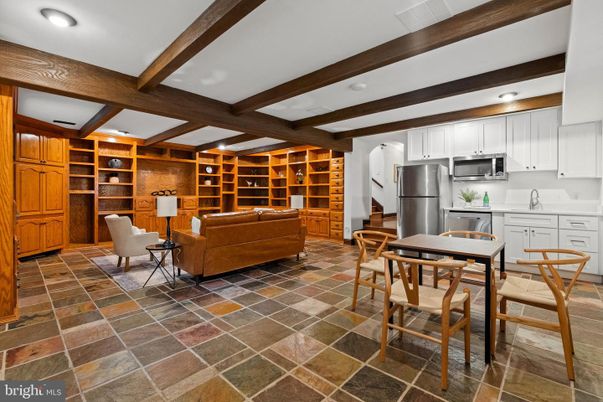 Dining room, Interior, Kitchen, Living room, Recessed Lighting, Stainless Steel Appliances, Wooden Beams