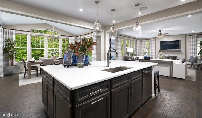 Dining room, Fireplace, Interior, Kitchen, Living room, Pendant Lights, Recessed Lighting, Wood Texture Flooring