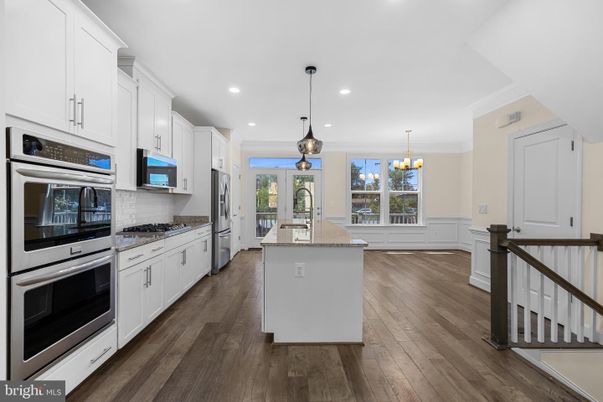 Chandelier, Interior, Kitchen, Pendant Lights, Recessed Lighting, Stainless Steel Appliances, Wood Texture Flooring
