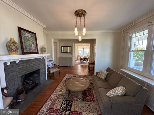 Dining room, Fireplace, Interior, Living room, Pendant Lights, Wood Texture Flooring