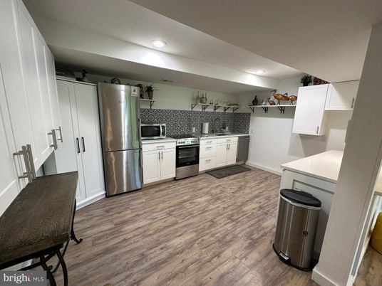 Interior, Kitchen, Recessed Lighting, Stainless Steel Appliances, Wood Texture Flooring