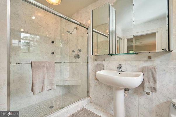 Bathroom, Glass Shower, Interior, Marble Walls, Recessed Lighting