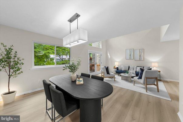 Dining room, Interior, Living room, Pendant Lights, Wood Texture Flooring