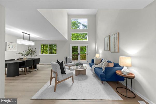 Dining room, Interior, Living room, Pendant Lights, Wood Texture Flooring