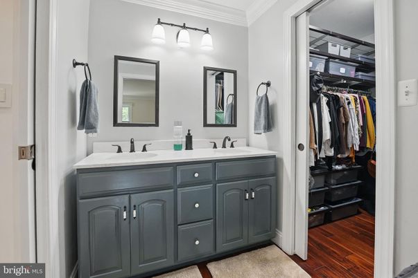 Bathroom, Dual Sink Vanities, Interior, Walk-in Closets, Wood Texture Flooring