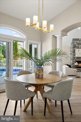 Dining room, Fireplace, Interior, Living room, Pendant Lights, Wood Texture Flooring
