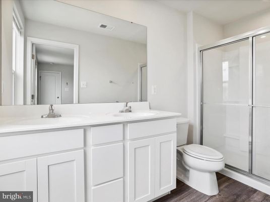 Bathroom, Dual Sink Vanities, Glass Shower, Interior, Wood Texture Flooring
