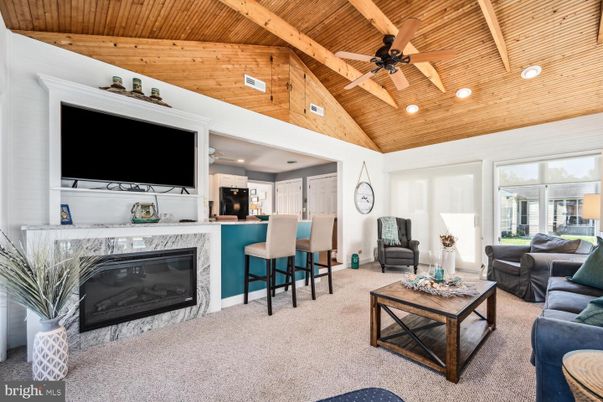 Fireplace, Interior, Living room, Recessed Lighting, Wooden Beams, Wooden Ceilings