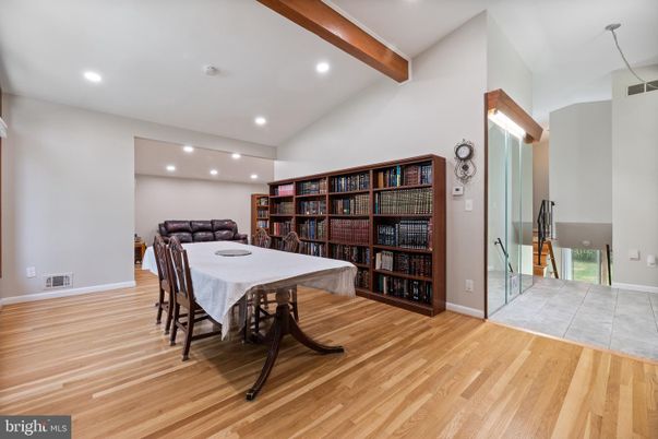 Dining room, Interior, Recessed Lighting, Wooden Beams, Wood Texture Flooring