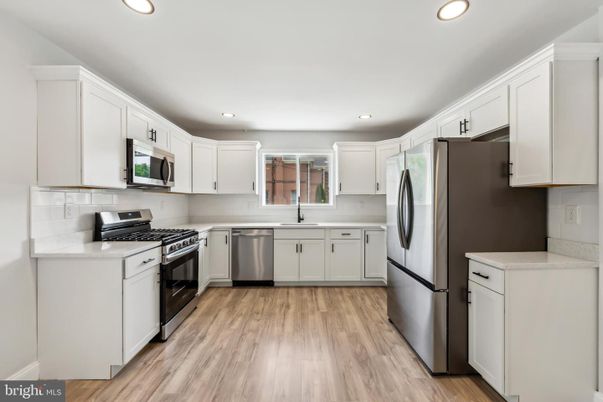 Interior, Kitchen, Recessed Lighting, Stainless Steel Appliances, Wood Texture Flooring