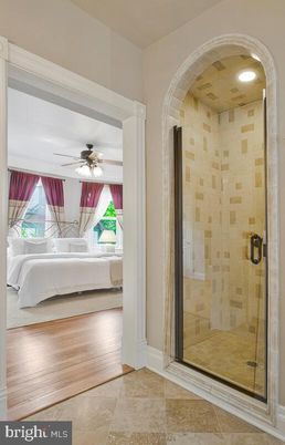 Bathroom, Glass Shower, Interior, Recessed Lighting, Wood Texture Flooring