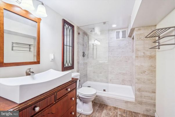 Bathroom, Glass Shower, Interior, Recessed Lighting, Wood Texture Flooring