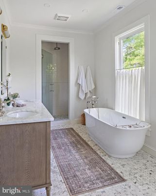 Bathroom, Free Standing Baths, Glass Shower, Interior, Recessed Lighting