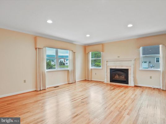 Empty room, Fireplace, Interior, Recessed Lighting, Wood Texture Flooring