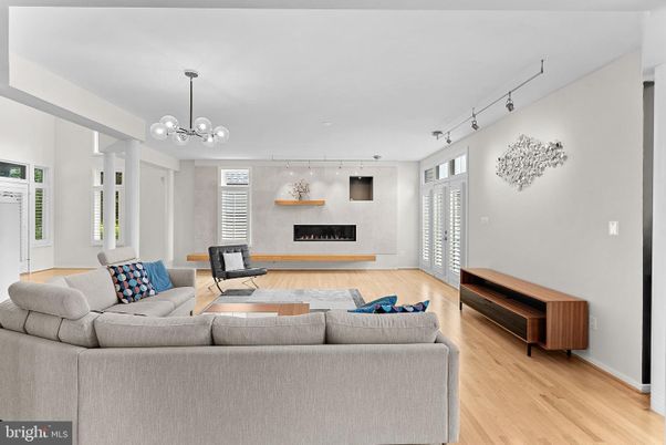 Fireplace, Interior, Living room, Pendant Lights, Wood Texture Flooring