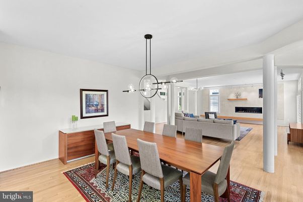 Dining room, Fireplace, Interior, Living room, Pendant Lights, Wood Texture Flooring