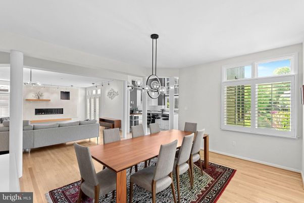 Dining room, Fireplace, Interior, Living room, Pendant Lights, Wood Texture Flooring
