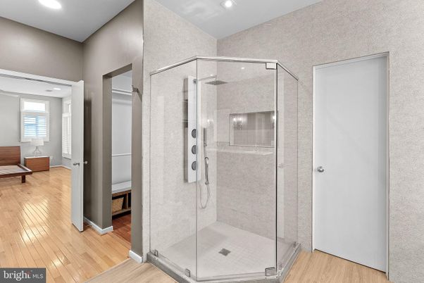 Bathroom, Glass Shower, Interior, Recessed Lighting, Wood Texture Flooring