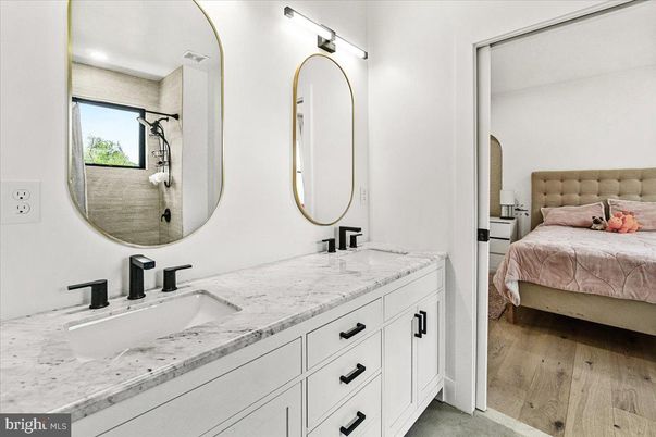 Bathroom, Bedroom, Dual Sink Vanities, Interior, Recessed Lighting, Wood Texture Flooring