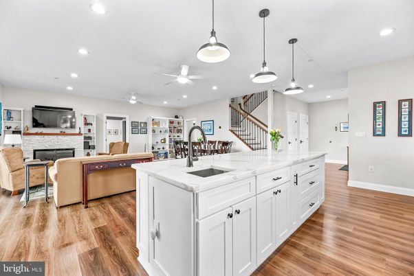 Fireplace, Interior, Kitchen, Living room, Pendant Lights, Recessed Lighting, Wood Texture Flooring