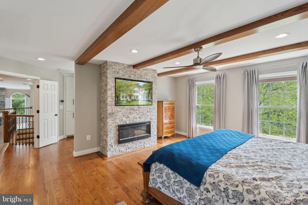 Bedroom, Fireplace, Interior, Recessed Lighting, Wooden Beams, Wood Texture Flooring