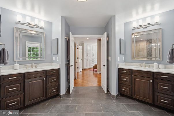 Bathroom, Dual Sink Vanities, Interior, Recessed Lighting, Wood Texture Flooring