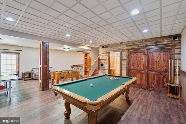 Billiard Table, Game Room, Interior, Recessed Lighting, Wood Texture Flooring, Wooden Walls