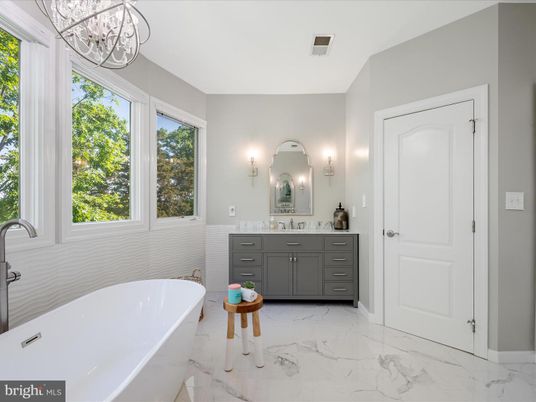 Bathroom, Chandelier, Dual Sink Vanities, Free Standing Baths, Interior, Marble