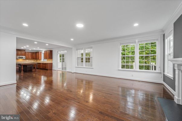 Empty room, Fireplace, Interior, Kitchen, Recessed Lighting, Wood Texture Flooring