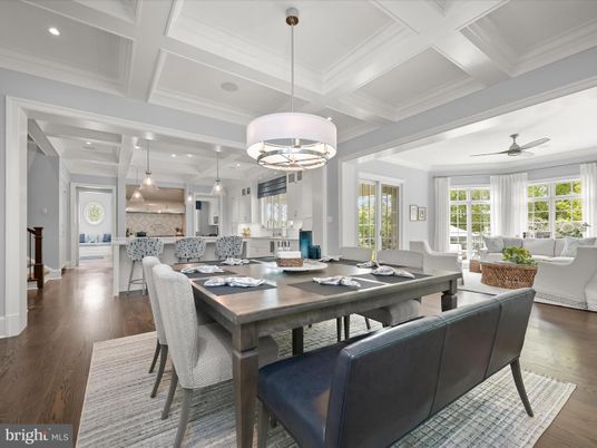 Chandelier, Dining room, Interior, Kitchen, Living room, Pendant Lights, Recessed Lighting, Wood Texture Flooring