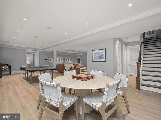 Dining room, Game Room, Interior, Recessed Lighting, Wood Texture Flooring