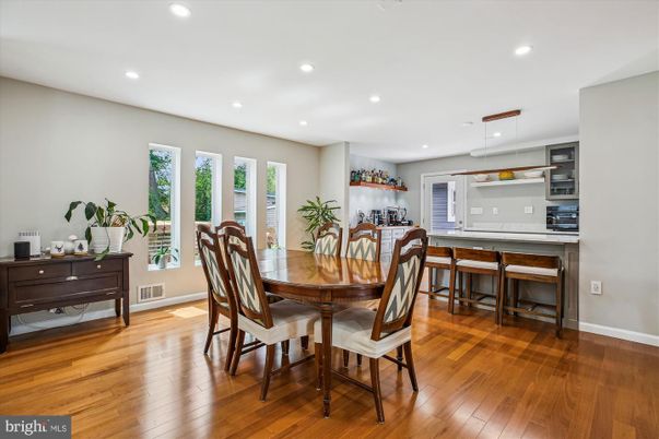 Dining room, Interior, Pendant Lights, Recessed Lighting, Wood Texture Flooring