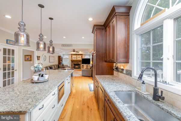 Fireplace, Interior, Kitchen, Living room, Pendant Lights, Recessed Lighting, Wood Texture Flooring