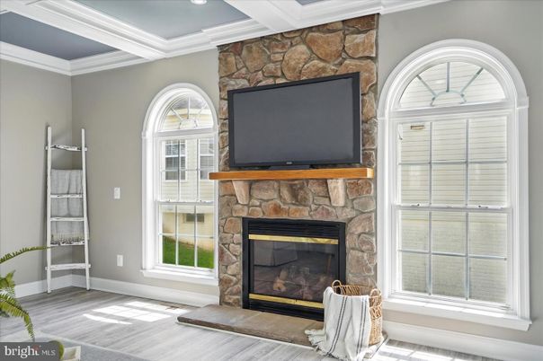 Fireplace, Interior, Recessed Lighting, Stone Walls, Wood Texture Flooring
