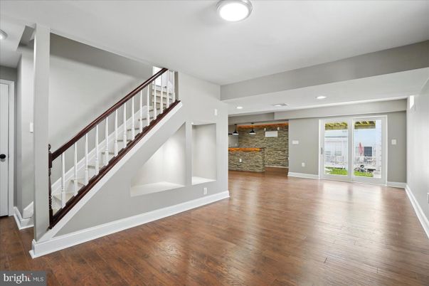Empty room, Interior, Recessed Lighting, Stone Walls, Wood Texture Flooring