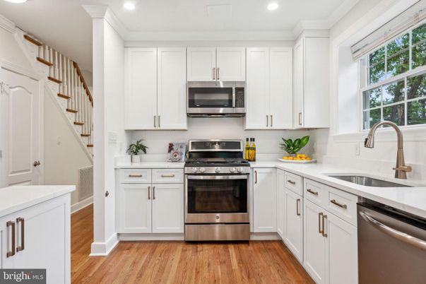 Interior, Kitchen, Recessed Lighting, Stainless Steel Appliances, Wood Texture Flooring