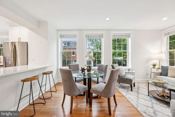 Dining room, Interior, Kitchen, Living room, Recessed Lighting, Stainless Steel Appliances, Wood Texture Flooring