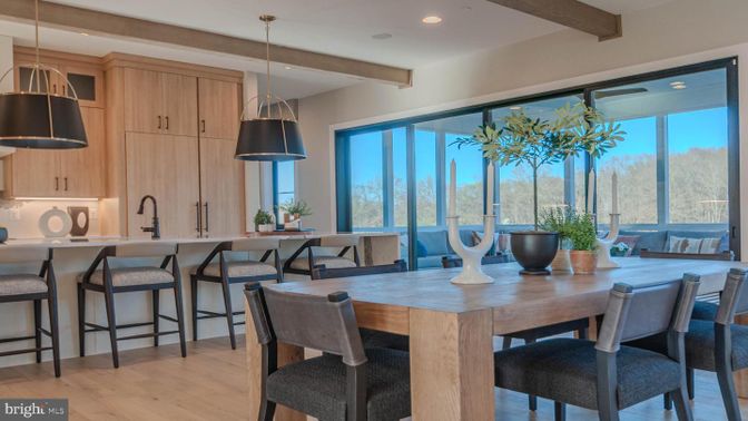 Dining room, Interior, Kitchen, Pendant Lights, Recessed Lighting, Wooden Beams, Wood Texture Flooring