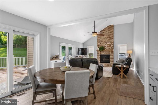 Dining room, Fireplace, Interior, Living room, Stone Walls, Wood Texture Flooring