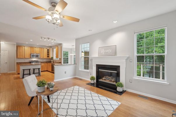 Fireplace, Interior, Kitchen, Recessed Lighting, Stainless Steel Appliances, Wood Texture Flooring