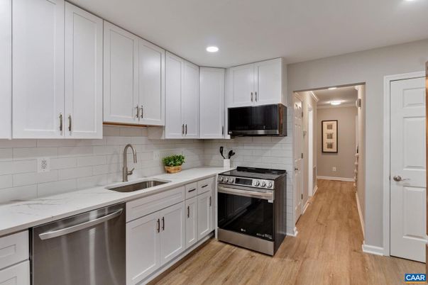 Interior, Kitchen, Recessed Lighting, Stainless Steel Appliances, Wood Texture Flooring